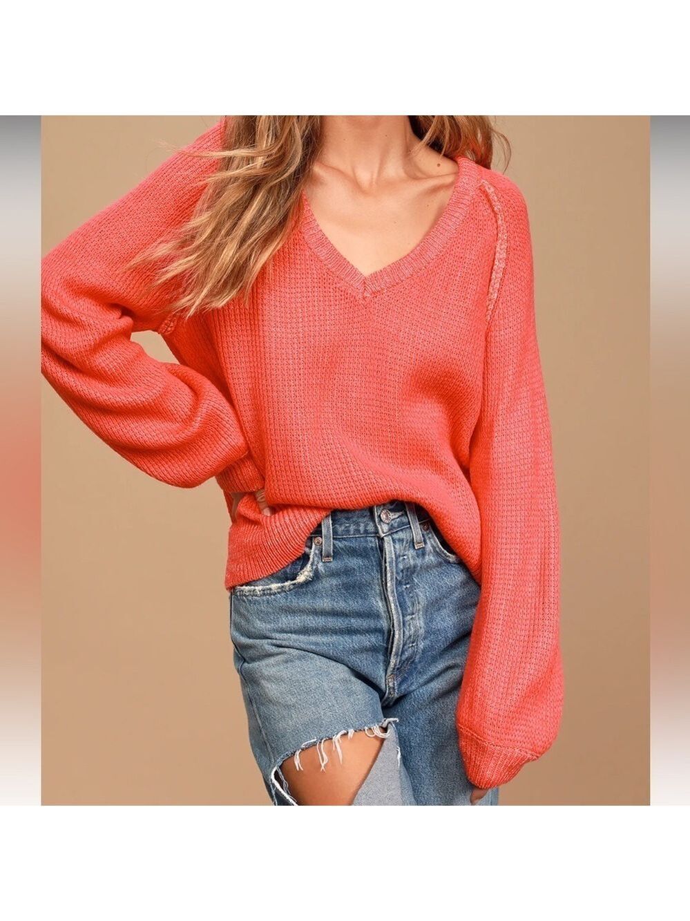 Lulus Pink Coral V-Neck Sweater Large